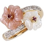 14K Yellow Gold Mother of Pearl, Tourmaline and Diamond Flower Ring
