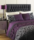 BLACK AUBERGINE & GREY DOUBLE DUVET COVER BED SET