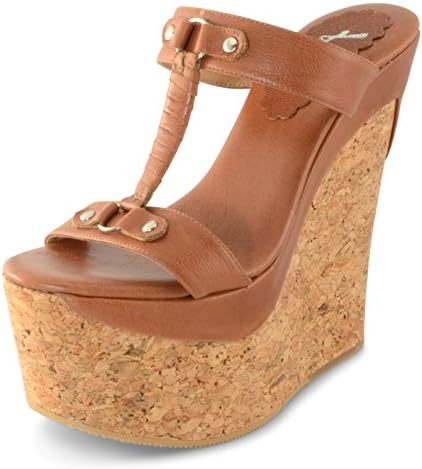 Pompei: Cognac Genuine Leather T-strap Upper w/ 6" Natural Cork Platform Wedge Heel