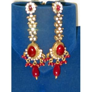 Gift for Her-victorian Dangling Ruby Red Stones ,Zircons Long Trendy Bollywood Fashionable Earings