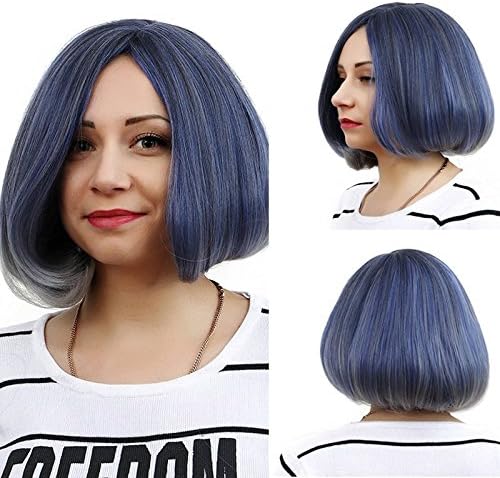 Beauty Number1 Hair Stylish Short Straight Bobo Skin Top Hair Ombre Full Wigs 168g 35cm #Mix Gray/Sea Blue