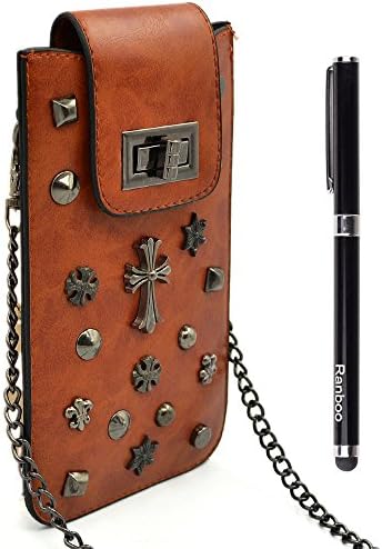 Deluxe High-quality Leather Purse Cellphone Pouch Bag Wallet Case Crossbody Pouch with Shoulder Chain Strap For Cellphones Samsung Galaxy S6,S6 Edge,S5,Apple iphone 6,iphone 6 plus,5s,Samsung Galaxy Note 4,Note Edge,Note 3,A3,A5,A7,LG G3 G4 ,Sony Xperia Z3,HTC ONE,Nokia Lumia + Stylus (Light Brown)