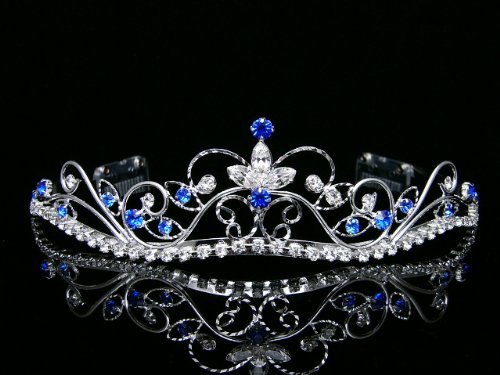 Rhinestone Crystal Flower Prom Bridal Wedding Crown Tiara - Royal / Dark Blue Crystals Silver Plating