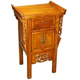 Handmade Asian Furniture - 20" Oriental End Table / Storage Cabinet With Carved Trim Natural Finish