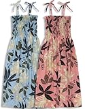 Smocked Dress - Jungle Leaves Versatile Ties Hawaiian Aloha Smocked Sun Dress in Blue - L Smocked Dress - Jungle Leaves Versatile Ties Hawaiian Aloha Smocked Sun Dress in Blue - L