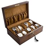 Vintage Wood Watch Display Storage Case Chest With Solid Top Holds 10+ Watches With Adjustable Soft Pillows and High Clearance for Larger Watches
