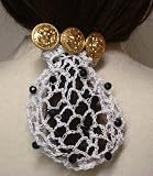 Hand Crocheted White Rayon Cotton Gimp Small Dress Snood Trimmed with Black Beads Mounted on French Barrette with Three Antique Gold Buttons