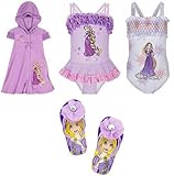 Disney Store Tangled Princess Rapunzel 4 Piece Swimwear Swimsuit Gift Set with 2 Bathing Swim Suits and Hood