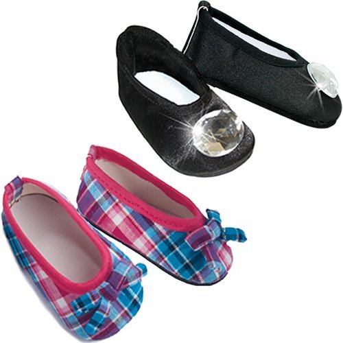 18 Inch Doll Shoes 2 Pair Doll Dress Shoe Set of Hot Pink/Teal Plaid Shoes & Black Jeweled Flats