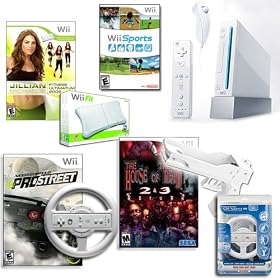 Nintendo Wii Console w/ Wii Sports Game PLUS 4-in-1 Drive Soft Sports Kit,Wii Jillian Michaels' Fitness Ultimatum 2009 PLUS Wii Fit, Wii House of the Dead 2 & 3 Return PLUS Light Gun for Wii, Wii ProStreet PLUS Extra Steering Wheel COMBO