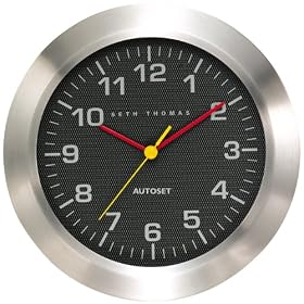 Seth Thomas Indy Silver Tone Matte Metal Case with Black Carbon Fiber Dial Auto Set Wall Clock