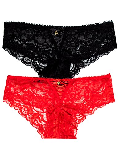 Daisy Fuentes Womens 2 Pack Lace Hipster Panties with Faux Lace up (Large, Red/Black)
