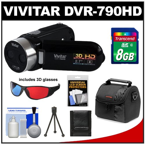 Vivitar Camcorder Vivitar DVR-790HD 3D HD Digital Video Camera Camcorder (Black) with 8GB Card + Case + Accessory Kit