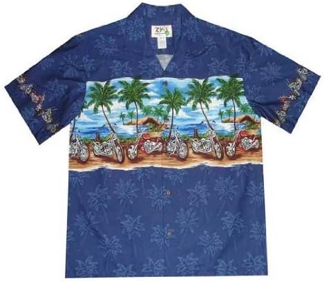 MEN'S BEACH MOTOCYCLE HAWAIIAN ALOHA SHIRT, 2XL, NAVY BLUE
