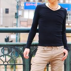 ロングTシャツ メンズ 長袖 Vネック カットソー 無地 ストレッチ きれいめ ブラック【Q559】