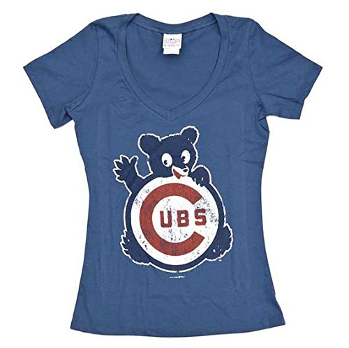 Chicago Cubs Women's Blue Distressed Waving Bear V-neck T-shirt