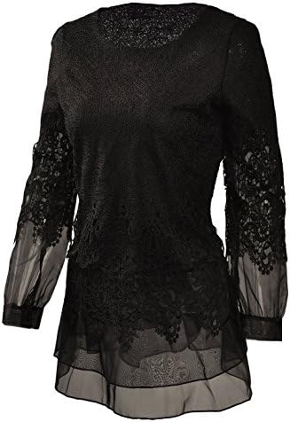 Fire Loli Women's Long Sleeve Slim Fit Floral Lace Organza Blouse X-Large, Black