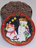Scott's Cakes Mini Chocolate Covered Pretzels with Christmas Color Non-Pareils in a Seasons Greetings Tin
