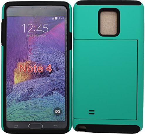 iViva present Samsung Galaxy Note 4 Hybrid Rugged Heavy Duty Dual Layer Credit Card Slot Holder Case + A Clear LCD Screen Protector (Black on Teal)