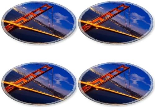 Golden Gate Bridge San Francisco California 2 Round Coaster (4 Piece) Set Fabric Rubber 5 Inch Size Liil Coaster Cup Mug Can Water Bottle Drink Coasters Stain Resistance Collector Kit Kitchen Table Top Desk