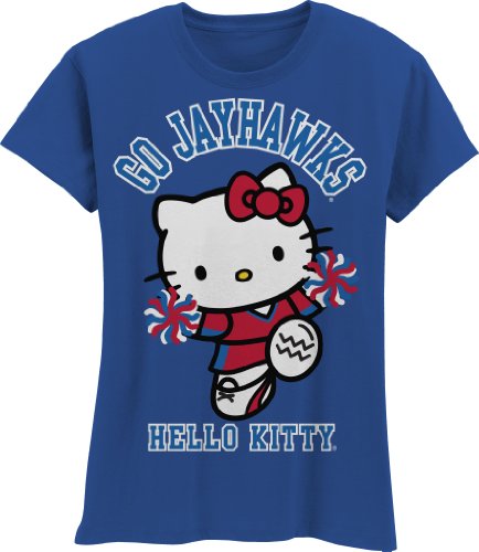 NCAA Kansas Jayhawks Hello Kitty Pom Pom Girls Crew Tee Shirt (Royal, 6/7)