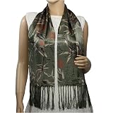 100% Silk Satin Charmeuse Double Layer Bamboo Chinese Calligraphy and Seal Stamps Tassels Ends Long Scarf - Green