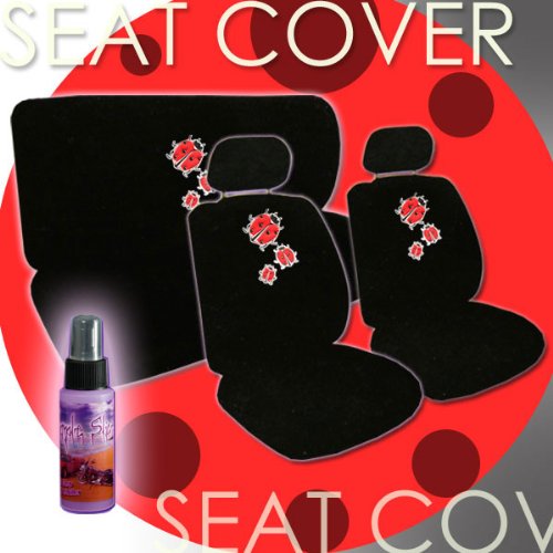 12 Piece Auto Interior Gift Set - 2 Ladybug Design Front Universal Size Low Back Bucket Seat Covers (in 4 pieces), 2 Head Rest Covers, 1 Ladybug Logo Rear Seat Cover (in 2 pieces), 1 Steering Wheel Cover, 2 Shoulder Harness Pressure Relief Cover and a 2 oz Purple Slice Car Wash Free Detailer/Multipurpose Cleaner