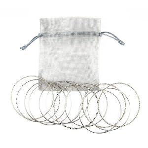 Bracelets - B328 - 12 Pc Asst. Bangle Set ~ Plain, Etched and Twisted in Silver Tone - 70mm + Silver Organza Gift Bag (AF)
