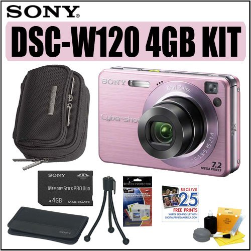 Sony Cybershot DSCW120 7.2MP Digital Camera (Pink) Plus 4GB Accessory Kit