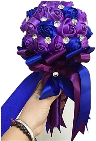 [GROWING]Western style elegant silk rose bouquet with rhinestone ribbon Ball shape Bridesmaids holding flower (purple blue)