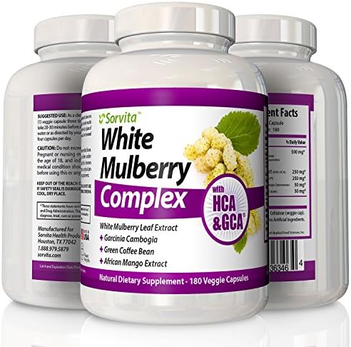 White Mulberry Leaf Extract Weight Loss Supplement - Powerful New Diet Pill, Natural Sugar Blocker, Appetite Suppressant with 500 mg Morus Alba Plus (15% Flavonoids) Garcinia Cambogia (60% HCA), Green Coffee Bean Extract (50% GCA®), African Mango Extract and Cinnamon. 180 Veggie Capsules - Zero Binders Zero Fillers Zero Artificial Ingredients