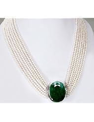 7 Strands Natural Beautiful Handcrafted Pearl Beaded Necklace with 925 Sterling Silver Oval Emerald Clasp