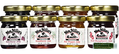 Mrs. Miller's Amish Homemade Mini Travel & Sampler Variety Pack - Assortment of 2 Seedless Red Raspberry Jam, 2 Strawberry Jam, 2 Elderberry Jelly & 2 Hot Pepper Jelly 1.5 oz Each with a Jarosa Bee Organic Chocolate Bliss Lip Balm