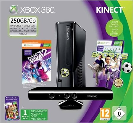 Console Xbox 360 250 Go + Capteur Kinect + Dance central 2 (jeu Kinect) + Sports (jeu Kinect) + Kinect adventures ! + Carte Xbox Live 1 mois