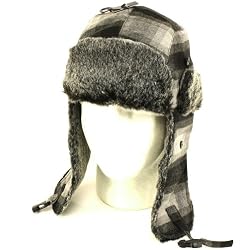 Men's Faux Fur Scottish Plaid Trooper Ski Hat Black with Gray M/L