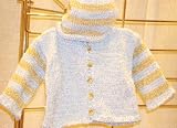Knitted on Hand Knitting Machine Blue Chenille New Born Boys Cardigan Hat Set Sleeves and Hat Are with Four Stripes. With Beige Chenille