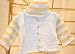 Knitted on Hand Knitting Machine Blue Chenille New Born Boys Cardigan Hat Set Sleeves and Hat Are with Four Stripes. With Beige Chenille