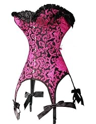 Angel&Me Sexy Small Size Black and rose Spandex damask brocade floral Folded Trim Gothic Overbust Matching Corset Bustiers SHDI2006zi-Small
