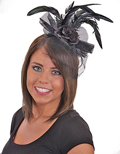 J24612 (Black) Feather Headband With Black Rose & Lace