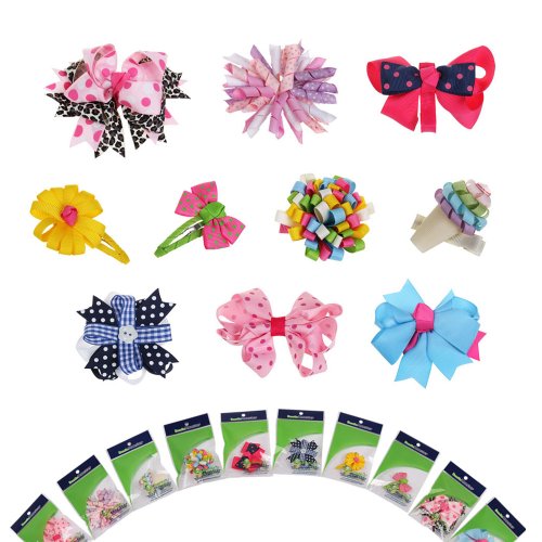 Bundle Monster 10 piece Girl Baby Toddler Ribbon Bows Mixed Design Hair Clip Barettes in "BM" Gift Package