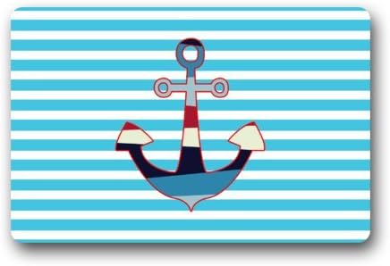 Top Fabric &amp; Non-Slip Rubber Indoor/Outdoor Doormat Door Mats - Light Blue and White Stripes With Colorful Anchor Art Pattern Floor Mat Rug for Home/Office/Bedroom