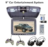 In Car Entertainment System, Includes 9 Flip Down TFT Monitor with Built-in DVD Player and Games, 2 Dual Channel Wireless Headphones and 2 Game Controllers. Features Built-in Stereo Speakers, FM and 2 Channel IR Transmission.
