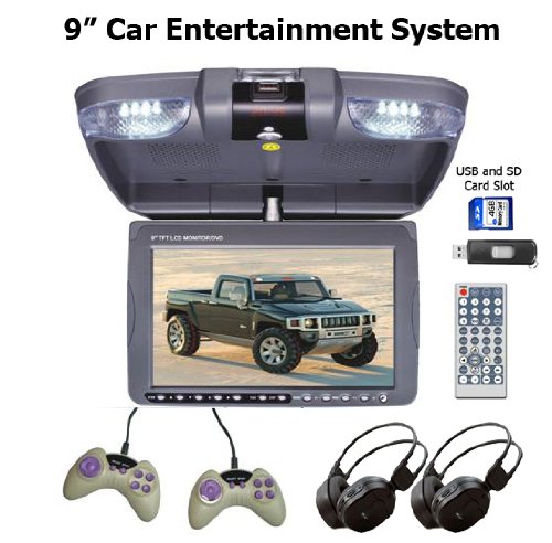 In Car Entertainment System, Includes 9 Flip Down TFT Monitor with Built-in DVD Player and Games, 2 Wireless Headphones and 2 Game Controllers. Features Built-in Stereo Speakers, FM and IR Transmission.
