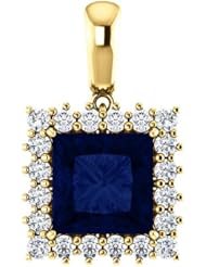 14K Yellow Gold 8.00x8.00mm Princess Cut Chatham Created Sapphire and Diamond Pendant -- LIFETIME WARRANTY