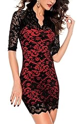 V-neck Elbow Length Sleeves Lace Stretchy Polyester  Dress