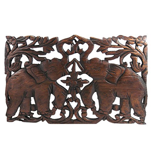 Jubilant Thai Elephant Duo Hand Carved Teak Wood Wall Art Relief Panel - Fair Trade Handicraft by Thai Artisans
