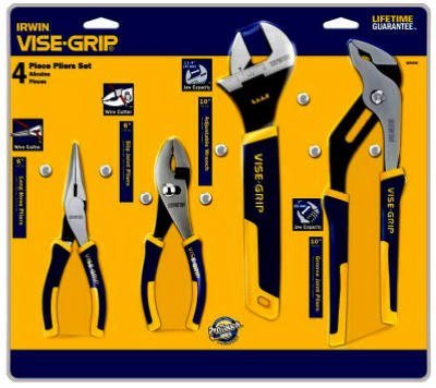 Irwin 2078705 Pro 4 Piece 6-Inch Long Nose, 6-Inch Slip Joint, 10-Inch Groove Joint and 10-Inch Adjustable Wrench Plier Set