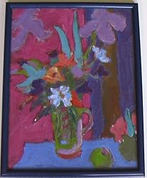 Floral on Blue Table By Carmel Artist Victor Di Gesu, Original Oil Painting on Board - Framed Artwork