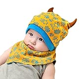 HBF ベビー 帽子 スタイ セット 角付き 綿制 吸湿 通気 モンスター 柄 かわいい キッズ 出産祝い ギフト プレゼント イエロー
