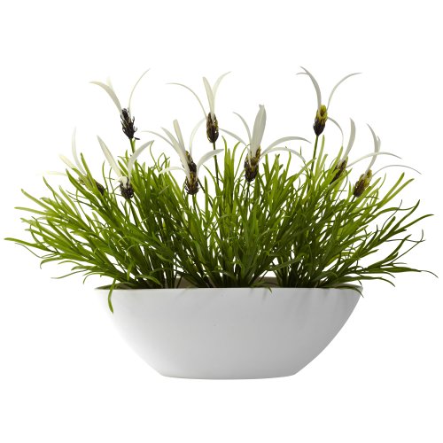Nearly Natural 4955-WH Indoor/Outdoor Grass and Floral Plant with Planter, White